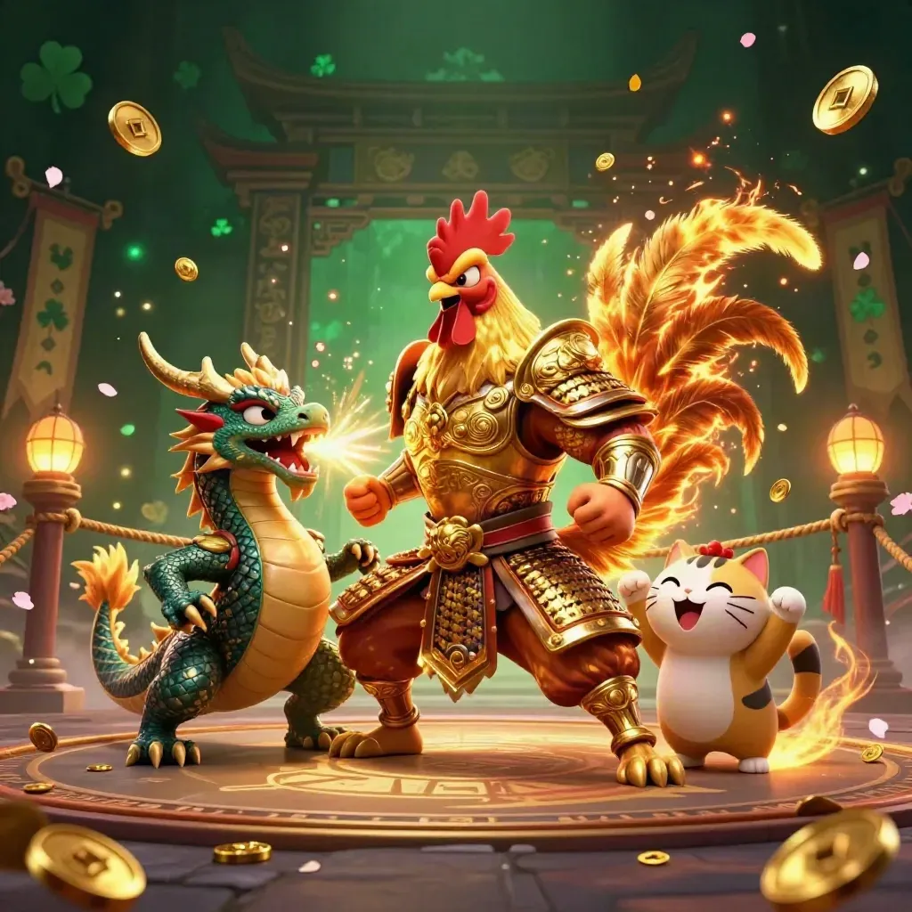 Rooster samurai, sparking dragon hatchling, and cheering fortune cat amid gold coins and petals.