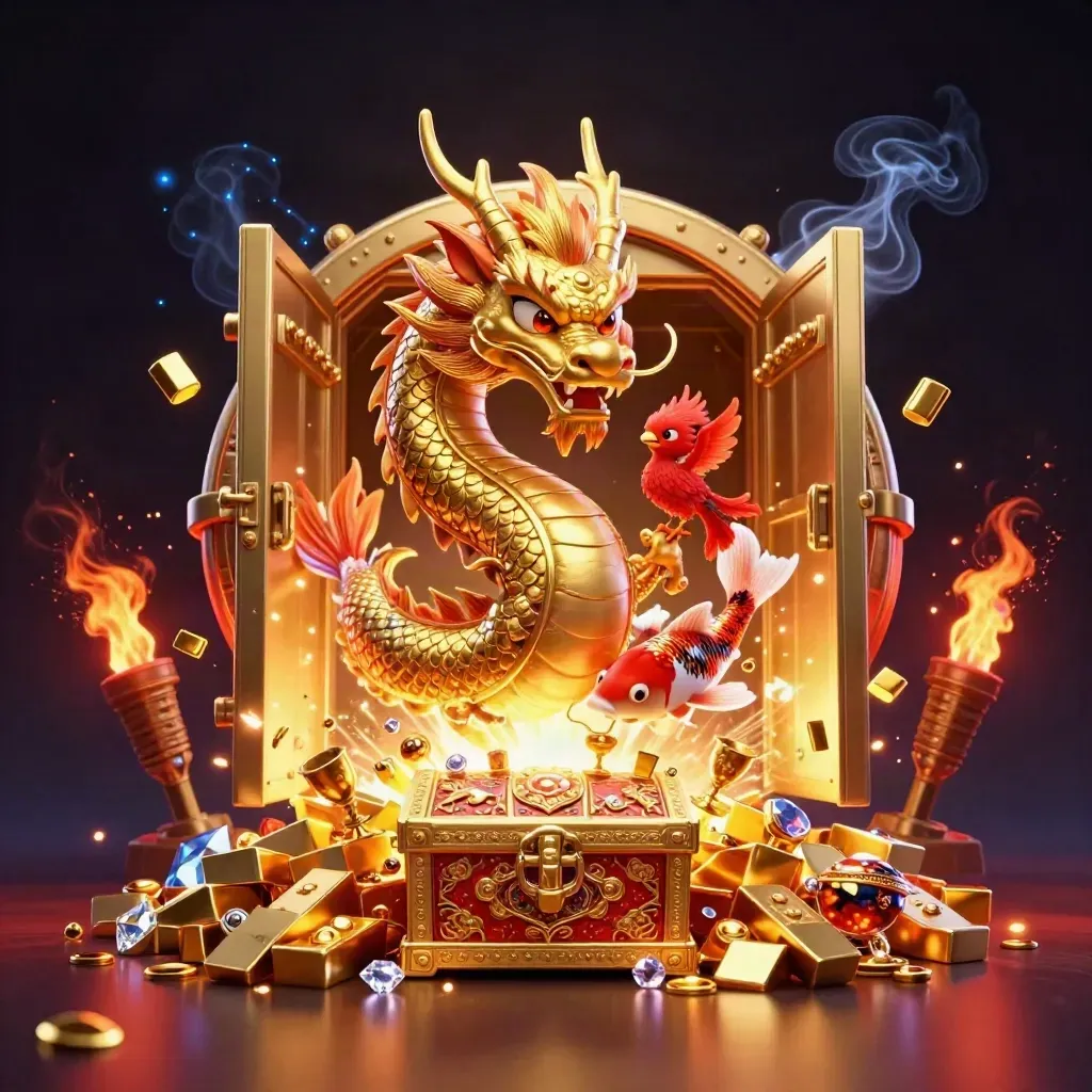 Golden dragon with phoenix and koi bursting from a treasure vault in a crimson-lit casino scene