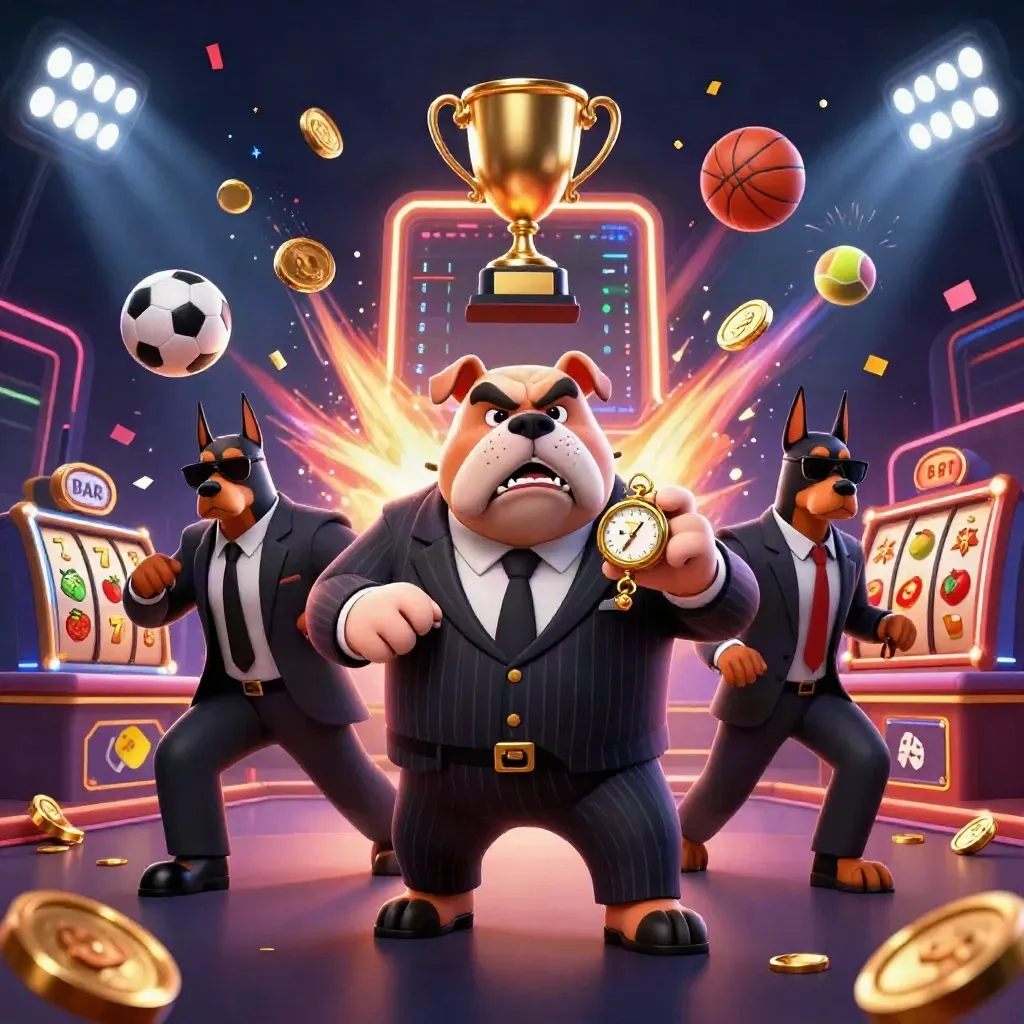 Bulldog boss and two Doberman guards surrounded by sports balls, coins, trophies, neon lights, and casino chaos.