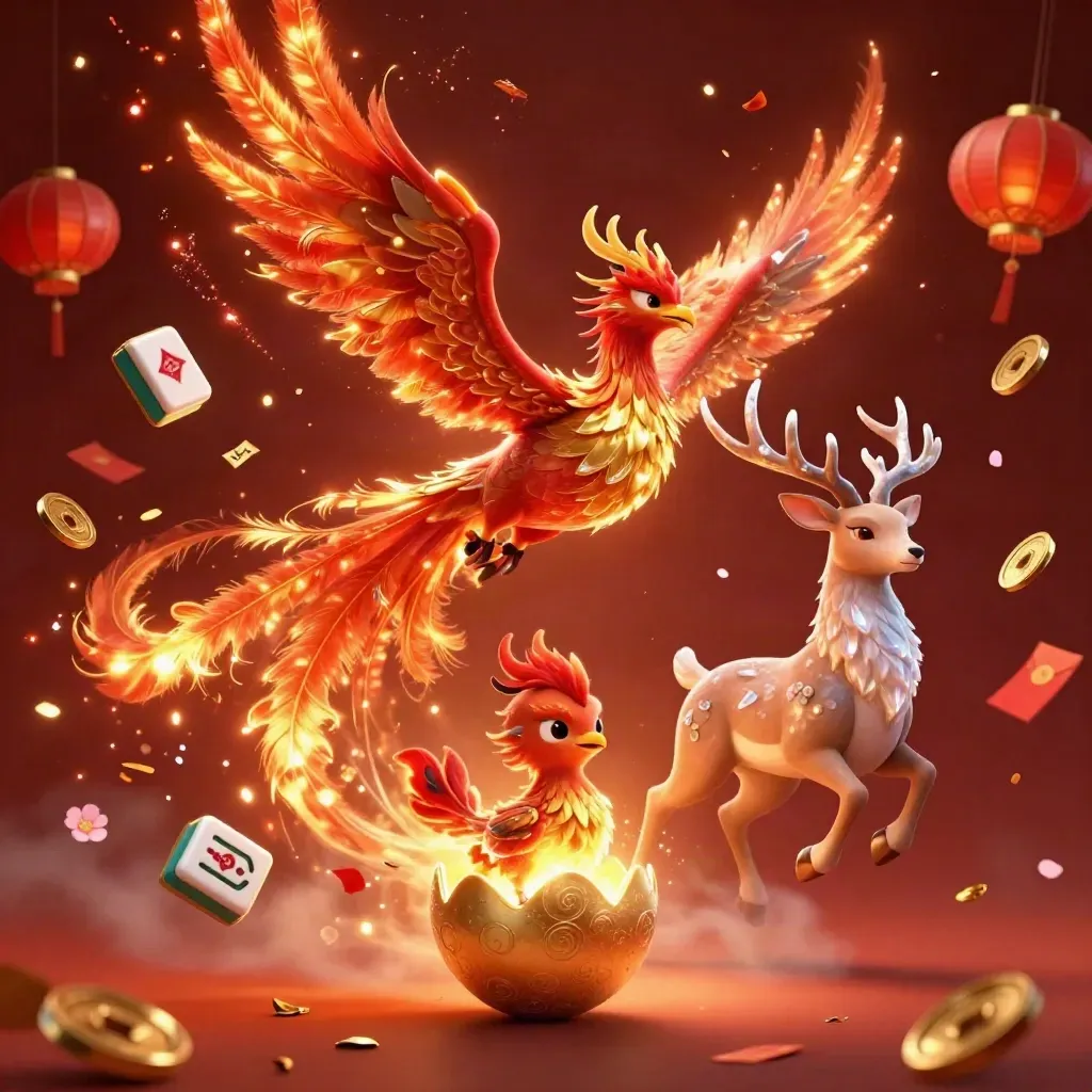 Phoenix, hatching chick, and crystal-antler stag burst through casino treasures in crimson-gold glow.