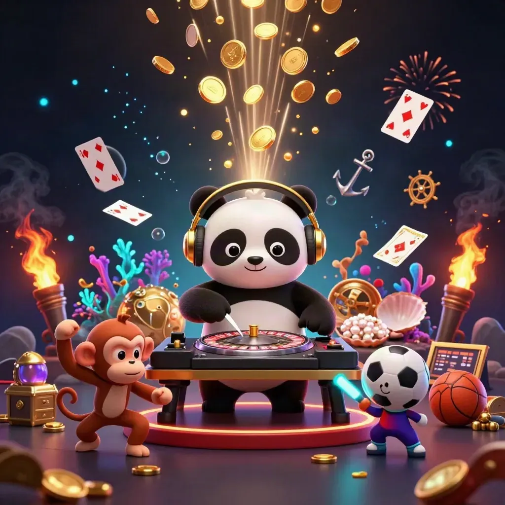 DJ panda, dancing monkey and rave kitten in a treasure cove with coins, coral and gaming props