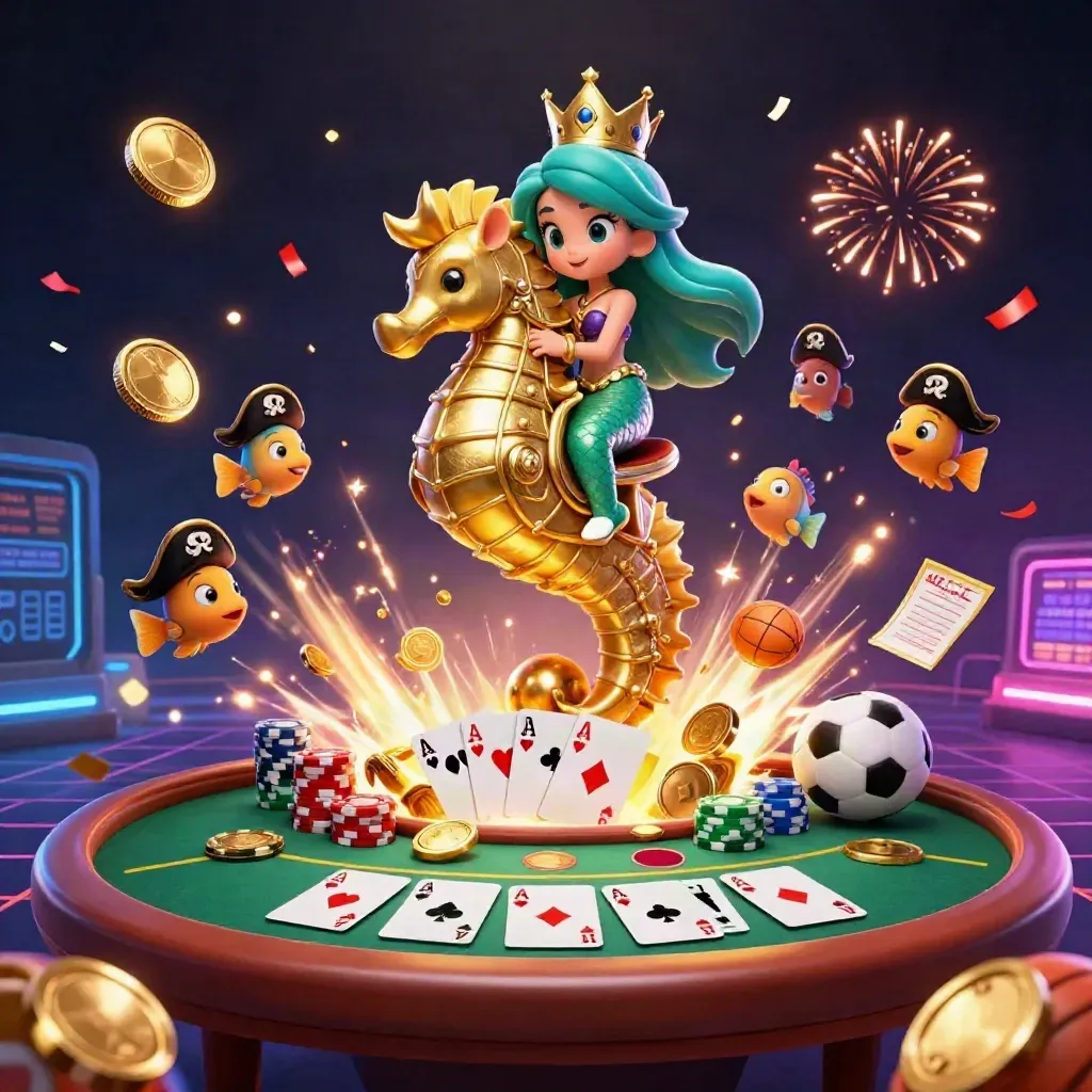 Mermaid princess on golden seahorse amid treasure burst, poker props, coins, fireworks, neon grid.