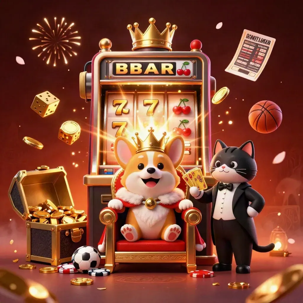 Royal corgi and cat butler amid exploding slot machine, coins, treasure, and fireworks
