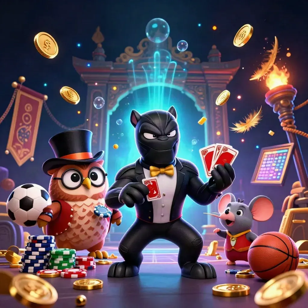 Panther, owl, and mouse amid a treasure burst, coins, sports props, and glowing arena effects.