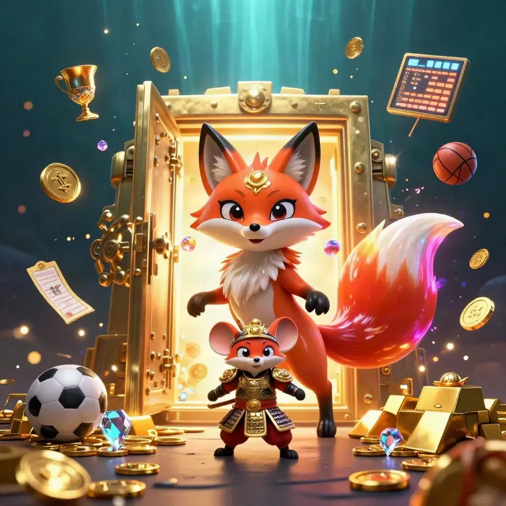 Neon fox spirit and armored mouse amid vault gold, gems, sports balls, and fireworks.