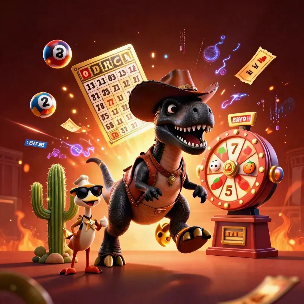Cowboy T-Rex, cactus sidekick, and sheriff roadrunner amid casino reels, balls, and gold glow.