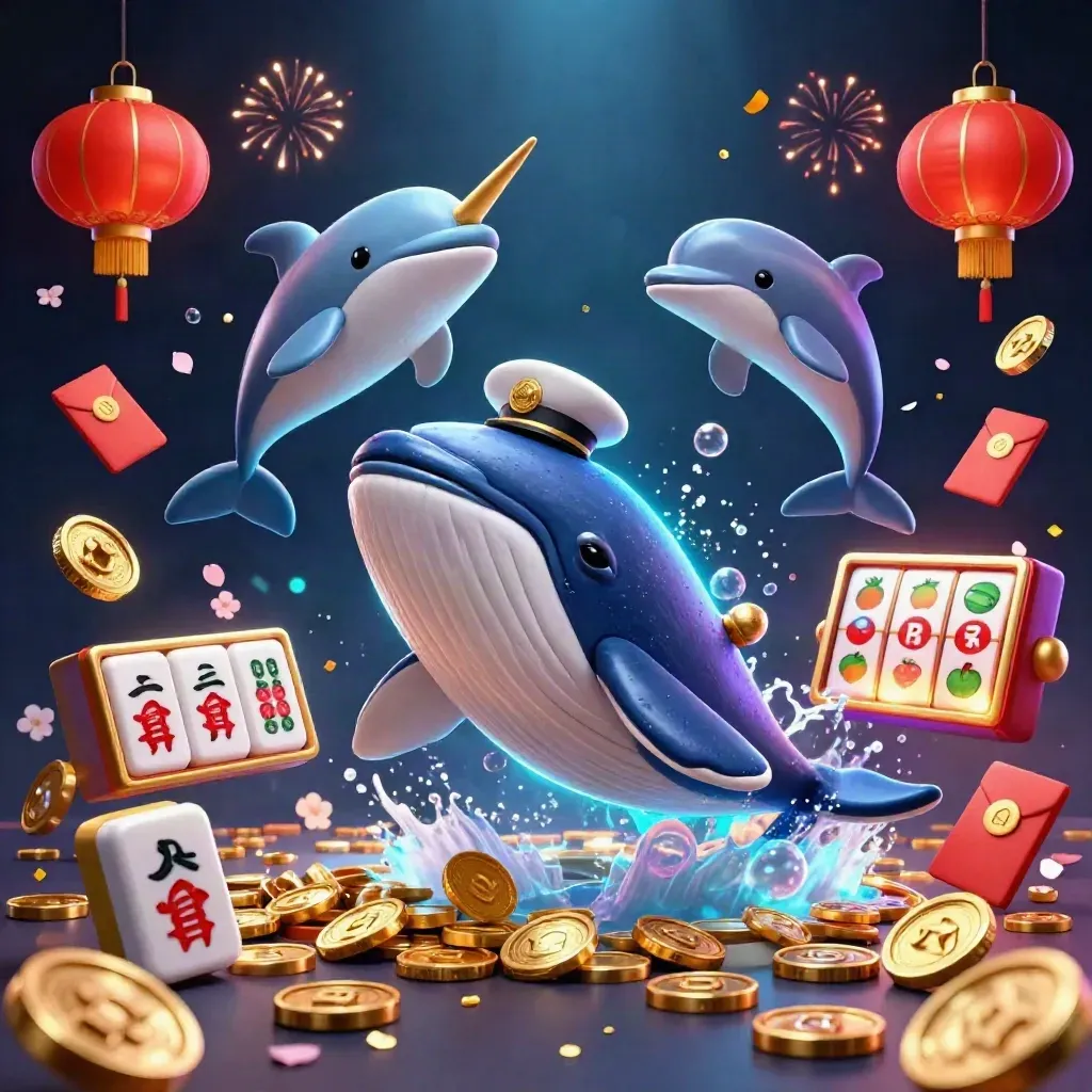 Whale captain, narwhal, and dolphins burst through coins with casino symbols and glowing effects.