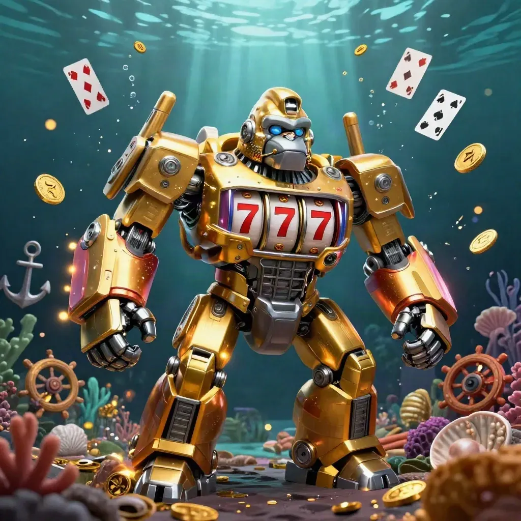 Golden gorilla mech with tiny pilot rises in an underwater treasure cove amid coins and slot reels.