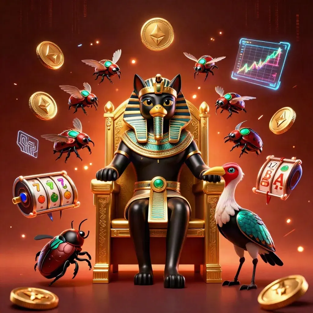 Pharaoh cat, ibis scribe and scarab beetles amid neon casino coins and lightning