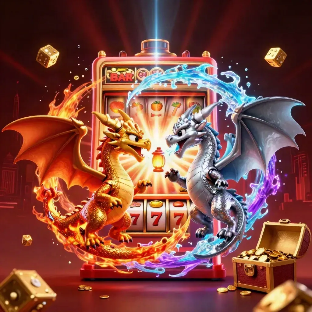 Twin dragons spiral around a lantern spirit with a bursting slot machine and gold loot on a dark red-black backdrop.
