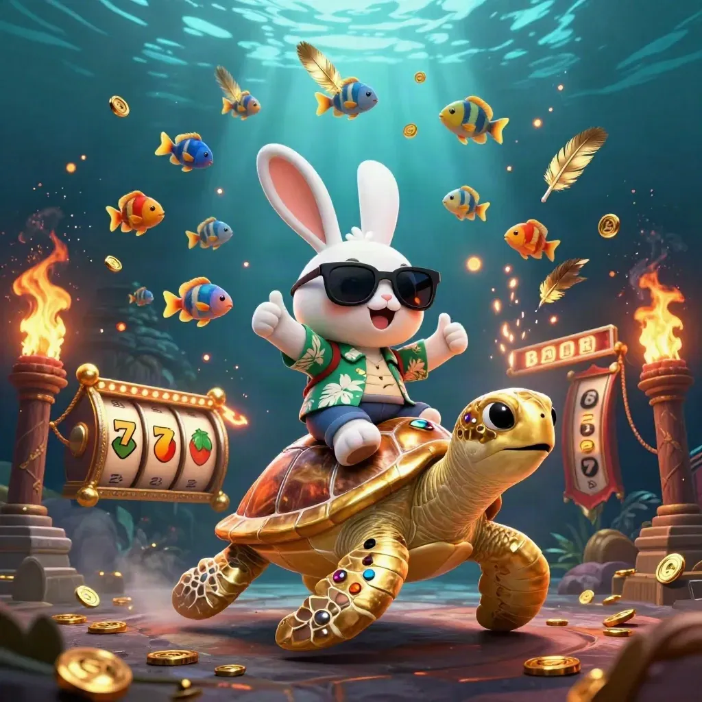 Lucky rabbit on a golden sea turtle amid casino fantasy relics underwater.