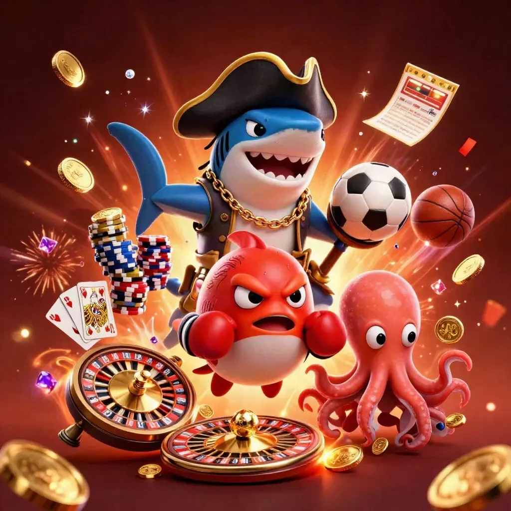 Shark pirate, boxing pufferfish and coin-juggling octopus amid casino loot and glowing sports icons.