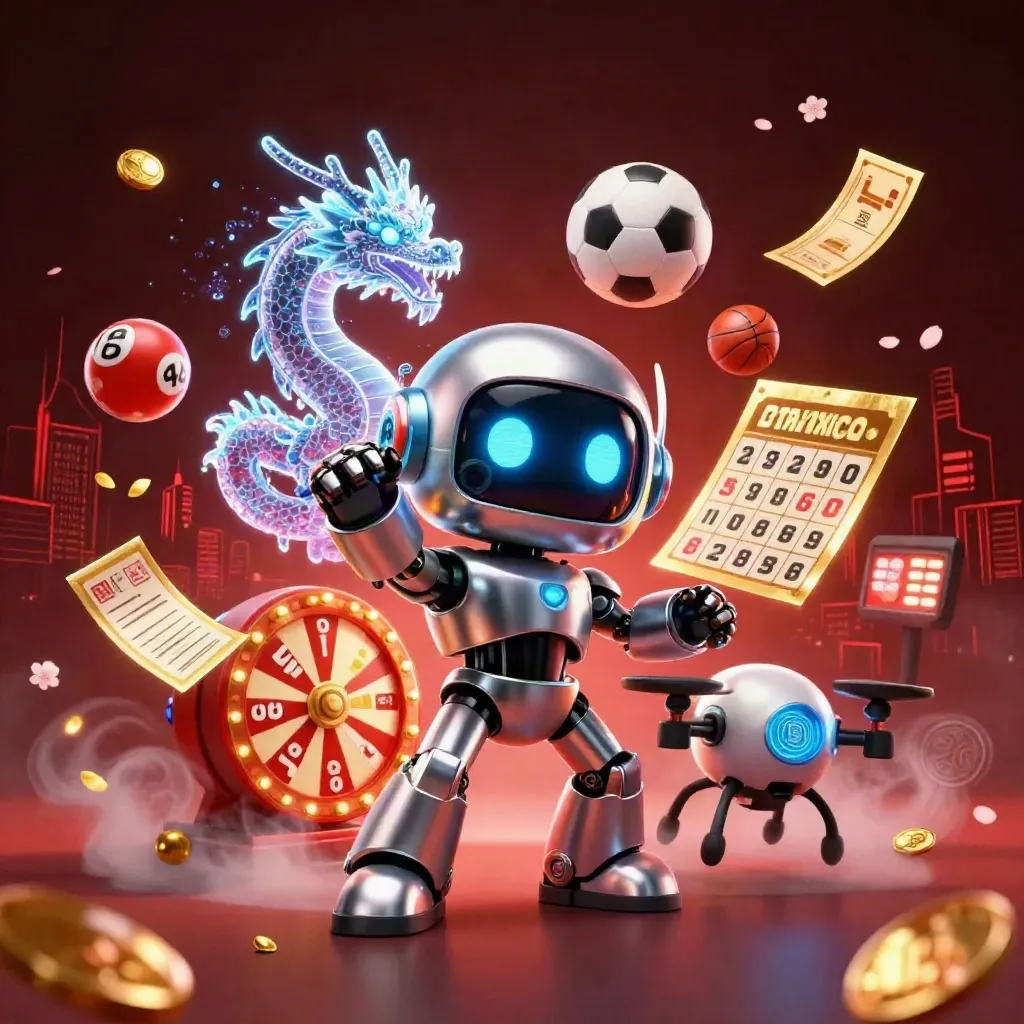 Cyberpunk robot, holographic dragon and coin drone amid casino prizes in a dark crimson arena.