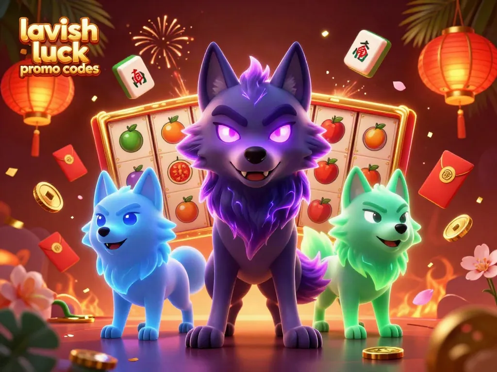 Engage with lavish luck promo codes while exploring this immersive casino scene featuring animated characters, slot reels, and festive elements.