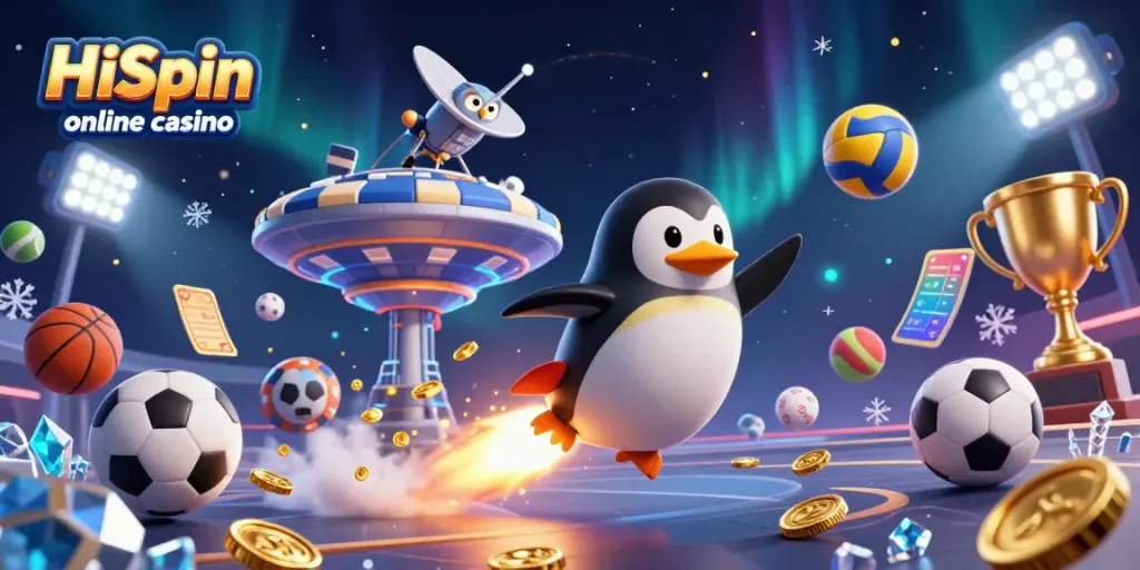 Experience the HiSpin online casino with a rocket-powered penguin themed around exciting gaming.