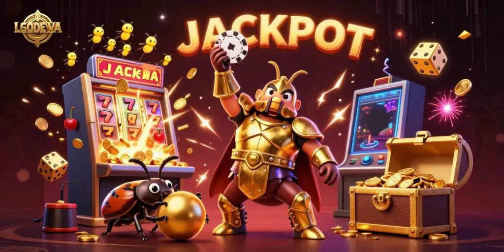Celebrate wins at LGODEWA with 3D beetles and vibrant casino icons, including jackpots and slot machines.