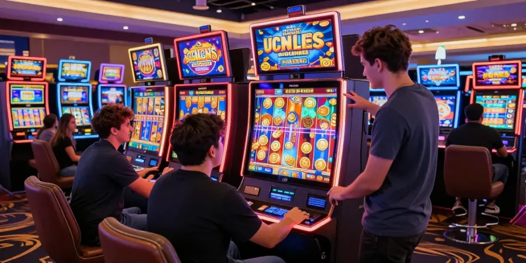 Excited players at a slot machine, celebrating wins in a lively casino atmosphere.