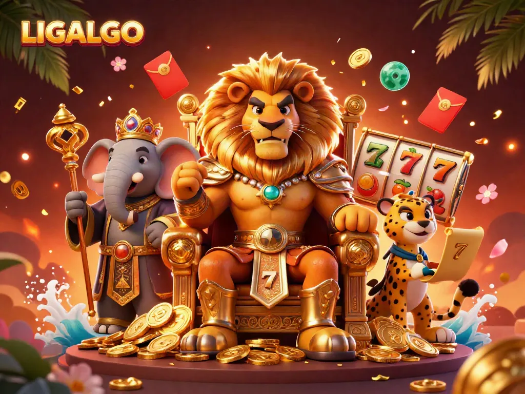 Experience the excitement of LIGALGO with a vibrant casino scene featuring a lion king and dynamic game elements.