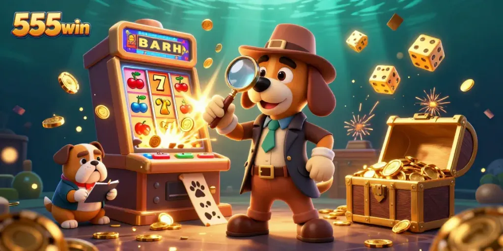 Experience excitement at 555win with a captivating casino scene filled with action, games, and clues.