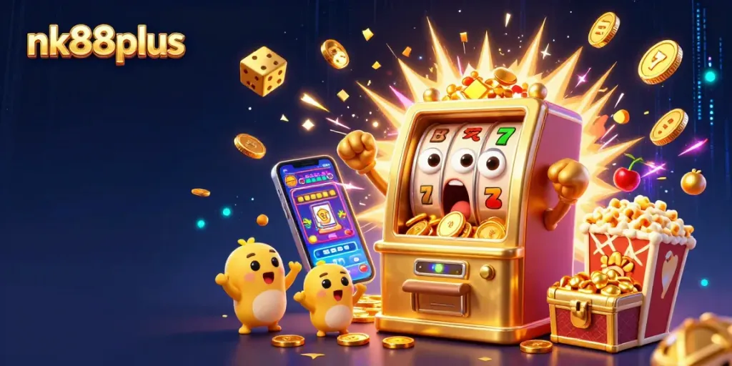 Experience the thrill of winning at nk88plus with a golden slot machine and cheerful little companions!