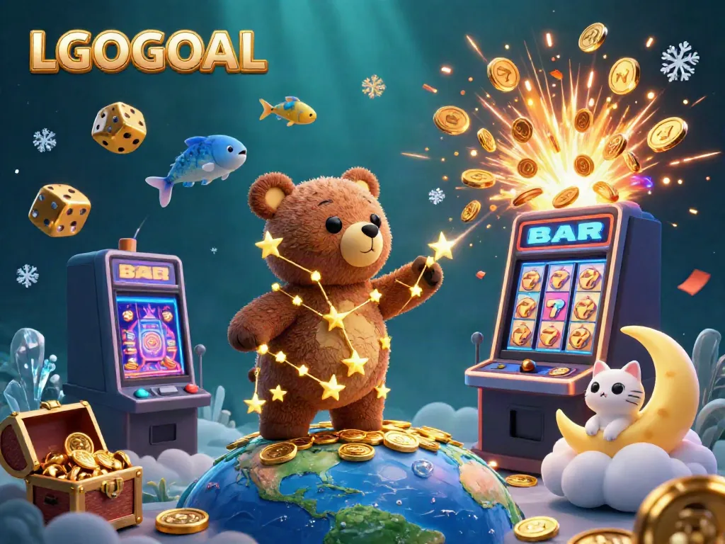 Experience the vibrant energy of LGOGOAL with a celestial bear and jackpot-filled slot machine.
