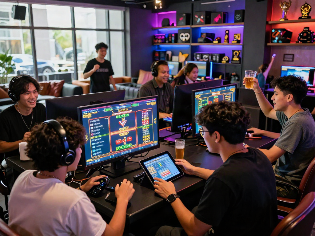 Exciting gambling scene showing people engaged with harga toto games in a vibrant gaming room.