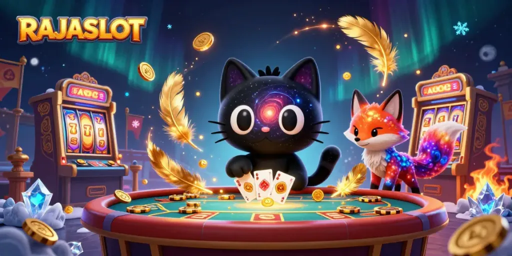 RAJASLOT menarik chip emas dan kartu di meja kasino yang penuh permainan slot yang menakjubkan.