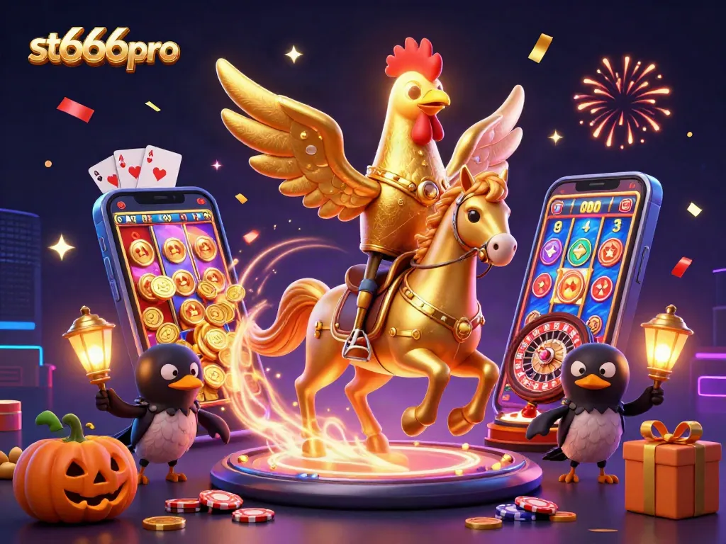 Experience thrilling gameplay at st666pro with a vibrant 3D casino scene showcasing slot games and festive elements.
