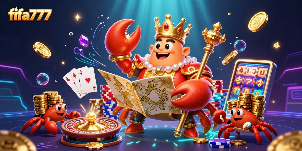 Experience the thrill of fifa777 with a golden crab emperor amidst sparkling casino treasures and games.