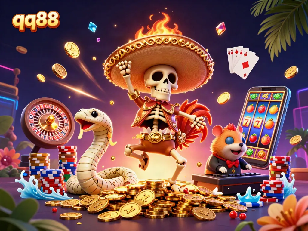 Experience thrilling casino action with qq88 in a dynamic 3D illustration featuring vibrant characters.