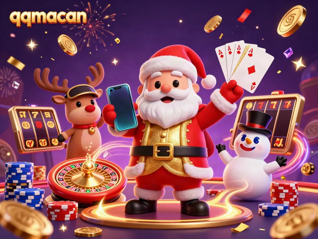 Join qqmacan's festive gaming adventure with Santa, his reindeer dealer, and a poker chip snowman!