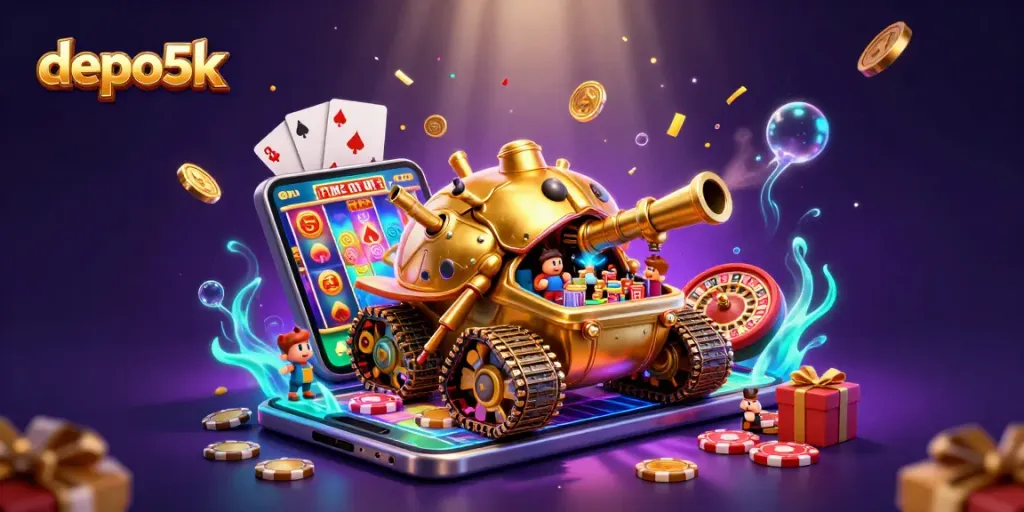 Experience exhilarating gaming with depo5k’s golden beetle tank casino, surrounded by vibrant slot action.