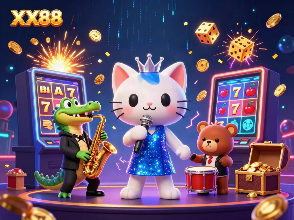 Experience the vibrant excitement of XX88 with charming characters and dynamic casino elements.