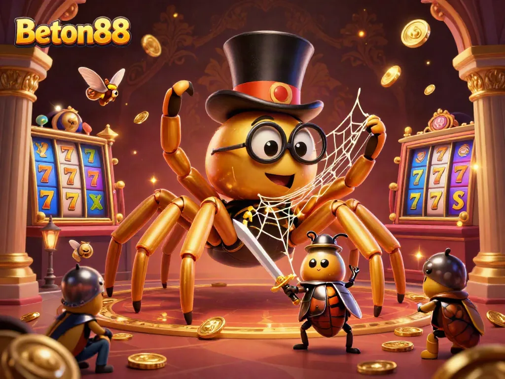 Permainan slot Beton88 dengan laba-laba emas dan ksatria kecil di arena kasino yang megah.