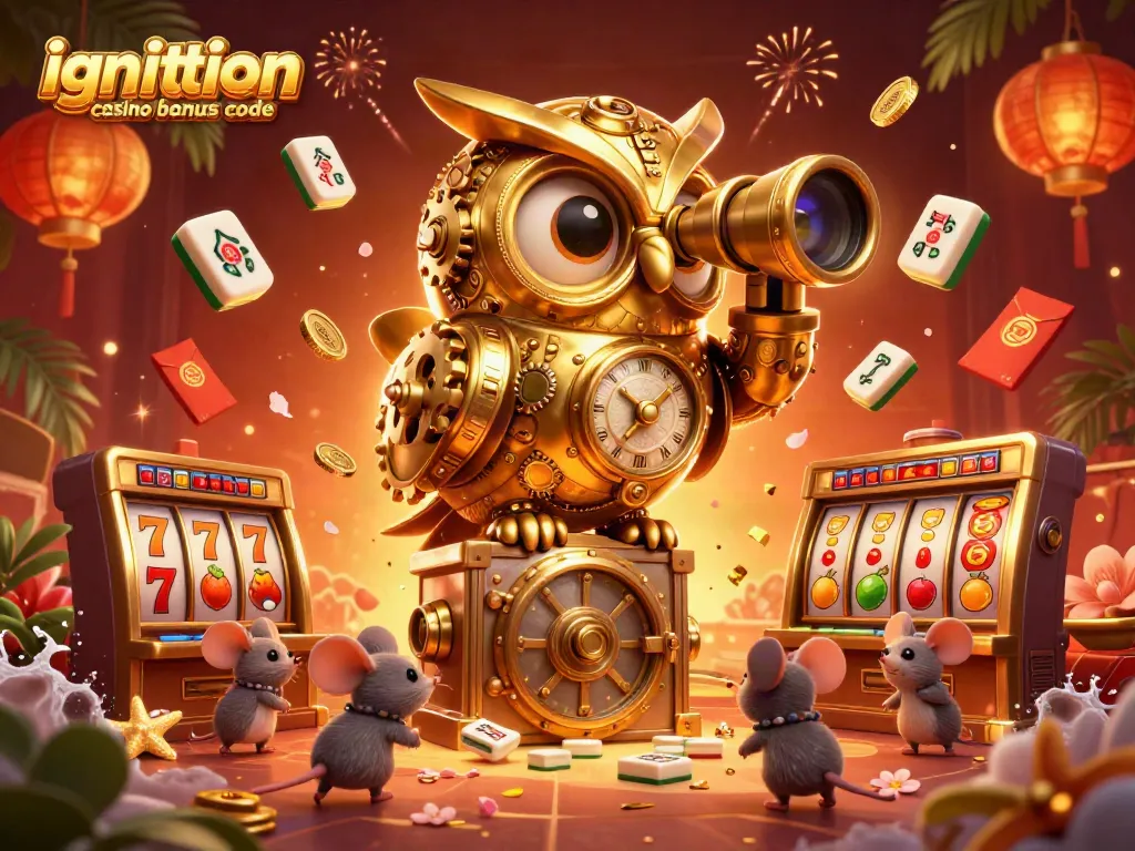 Engage with the ignition casino bonus code via a vibrant digital illustration of a golden owl and whimsical casino elements.