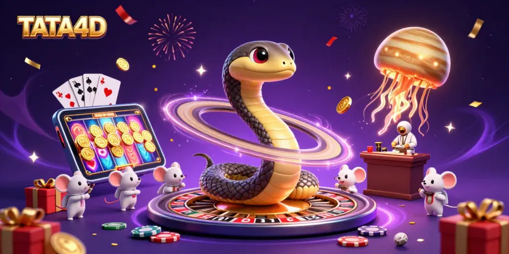 Bet on TATA4D with astronaut mice and cosmic dealer in a vibrant, dynamic casino scene.