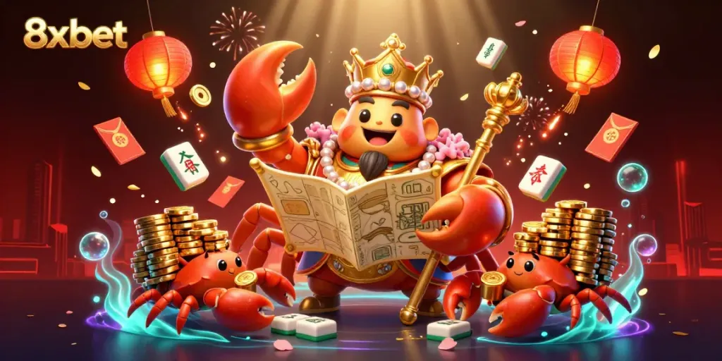 Experience the vibrant energy of 8xbet with a golden crab emperor and treasure elements in a casino scene.