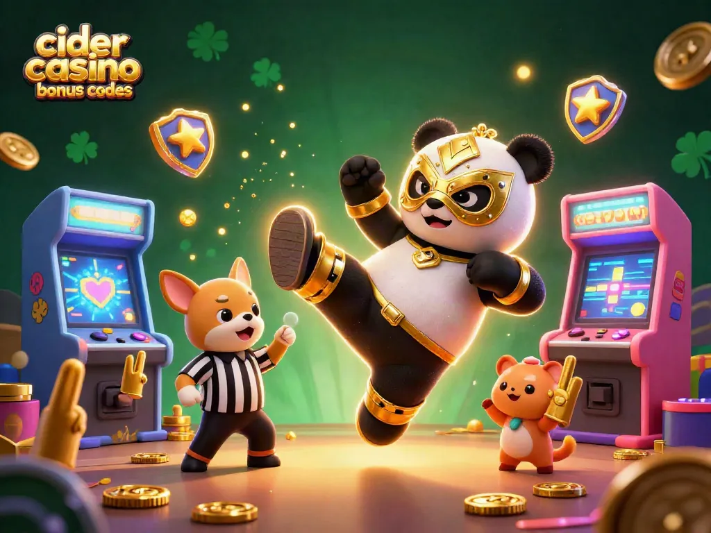 Engage with cider casino bonus codes in a vibrant 3D scene featuring a panda wrestler and exciting game elements.