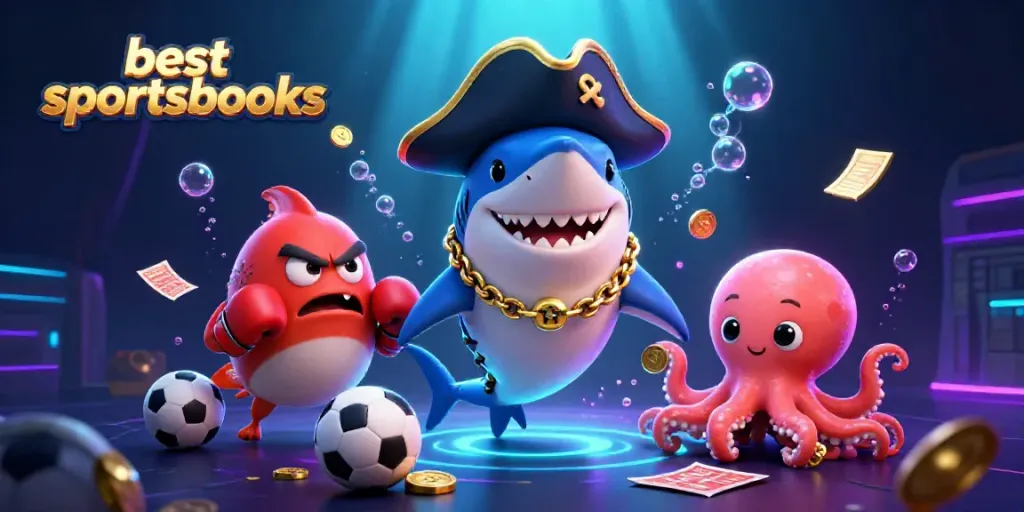 Engage with the best sportsbooks in a vibrant scene featuring playful characters and dynamic betting elements.