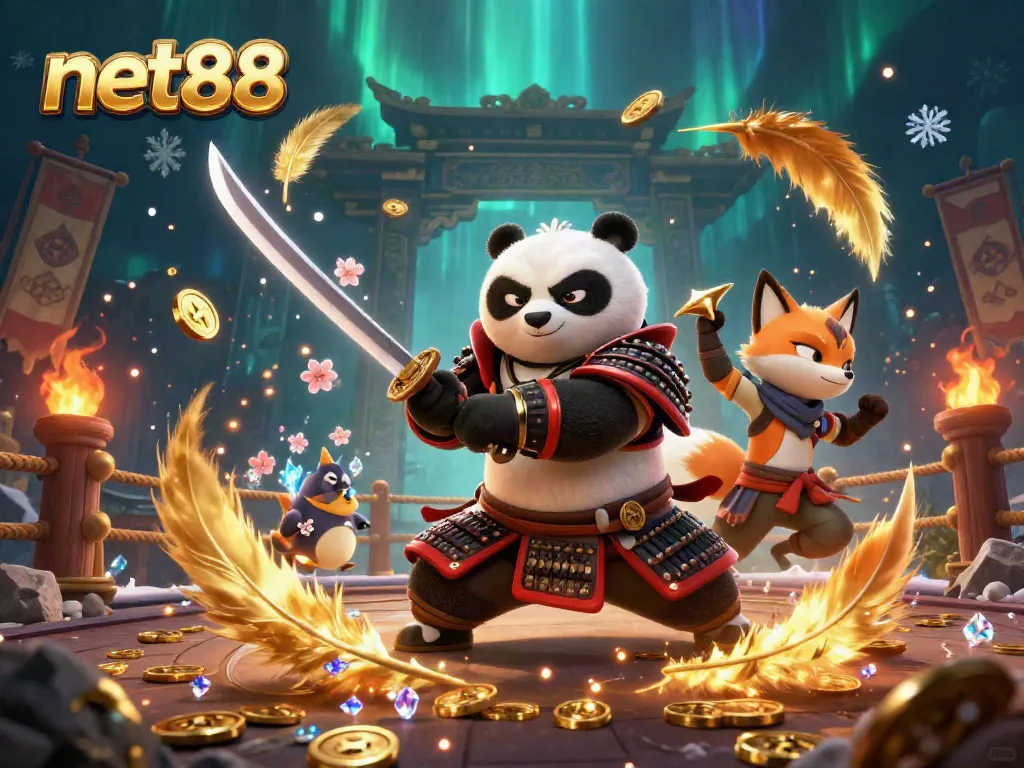 Experience thrilling casino action with net88 featuring a samurai panda and mystical characters.
