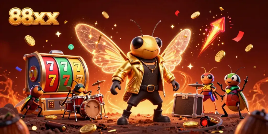 Celebrate big wins with 88xx in this vibrant slot gaming scene featuring a rock star, drummer, and lucky symbols.
