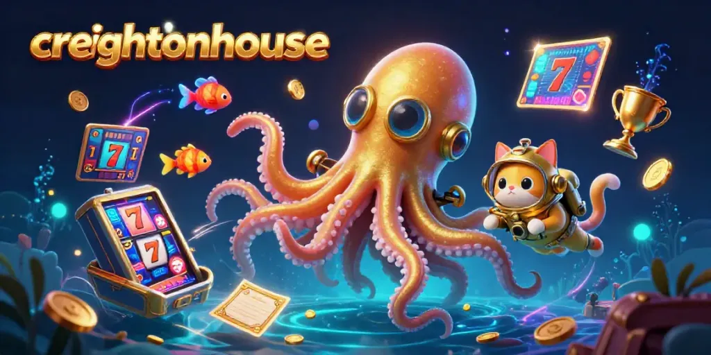 Engage in thrilling gameplay at creightonhouse with a vibrant scene depicting a kraken, diving cat, and magical underwater elements.