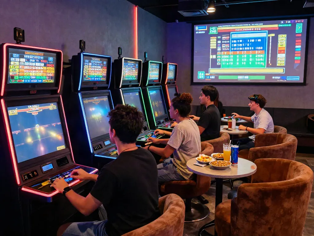 Vibrant gaming lounge showcasing luxury12 slot machines surrounded by friends enjoying a playful experience.