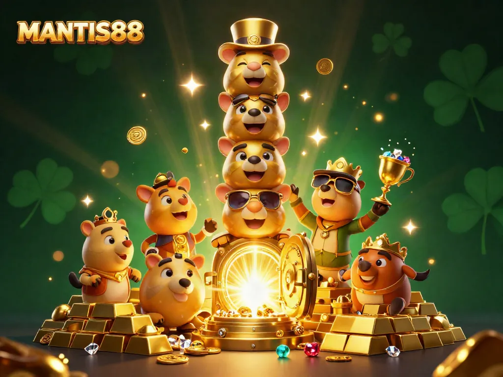 Engage with MANTIS88's vibrant illustration showcasing animated casino totems and golden treasures.