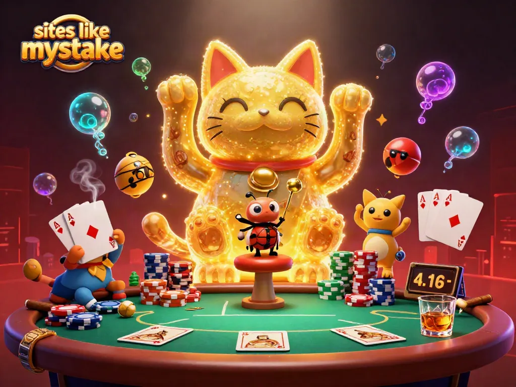 Engaging illustration showcasing sites like mystake with a lucky cat and poker elements, enhancing casino excitement.
