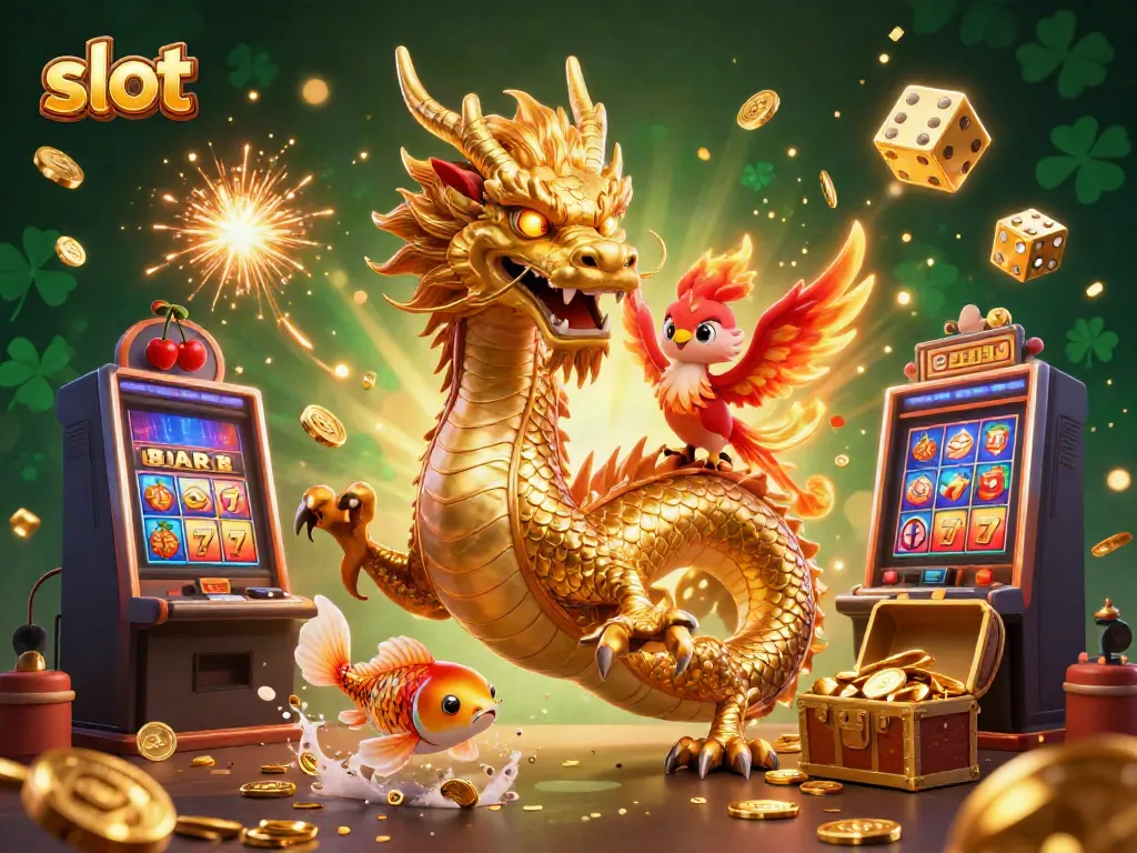 Experience the excitement of slots with a dynamic scene featuring a dragon, phoenix, and koi fish.