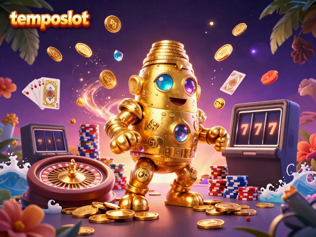 Spin to win at temposlot with a dynamic scene featuring golden golems and vibrant casino elements.
