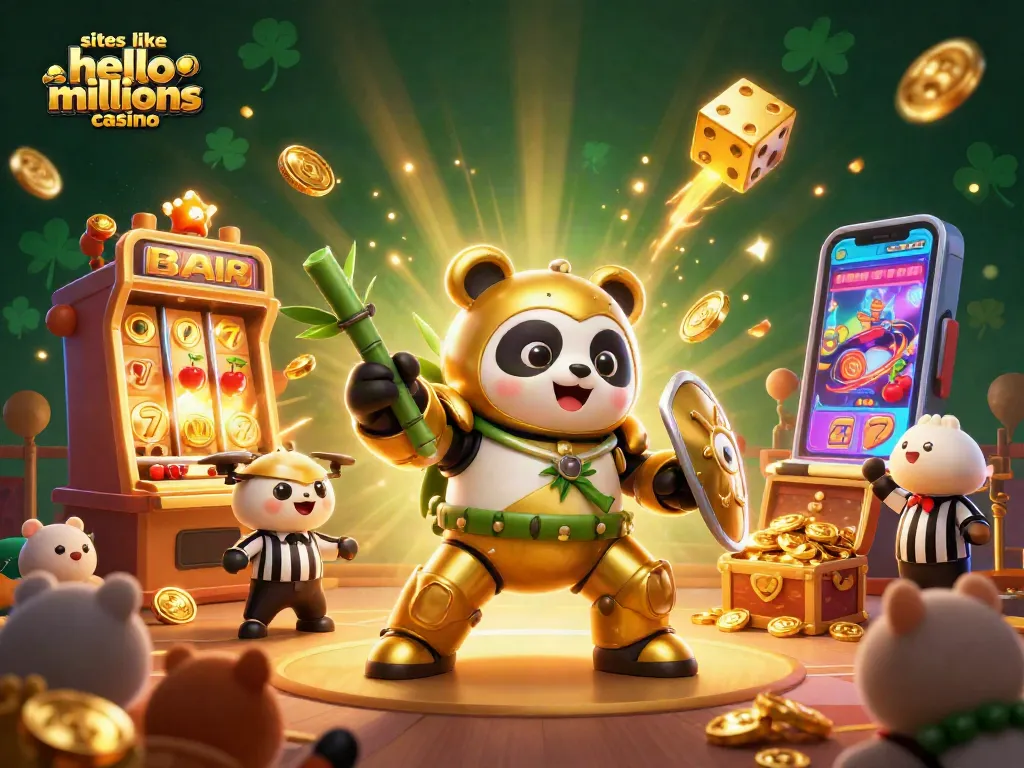 Engage with sites like hello millions casino in a vibrant casino-themed scene featuring joyful characters and dynamic gaming elements.