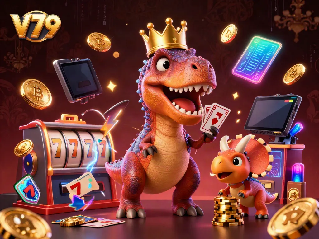 Play at V79's rich casino scene featuring cartoon characters engaged in gambling activities with bright neon elements.