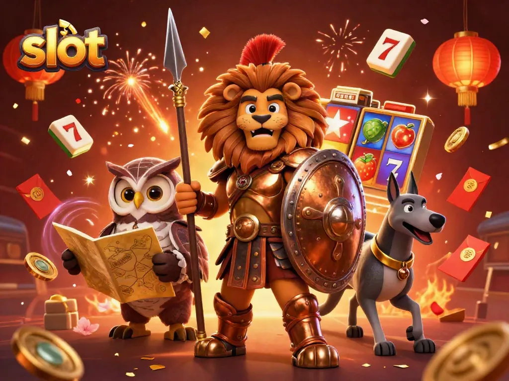 Experience the excitement of slot gaming with a heroic lion, wise owl, and swift greyhound amidst vibrant symbols and confetti.